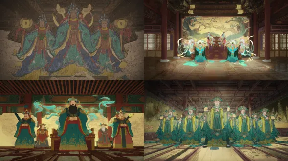 epic chinese ancient mural scene concept art, yongle palace sanqing hall interior, medium close-up with wide angle, symmetrical composition, layered spatial structure (foreground: temple floor tiles with pattern details; midground: chaoyuan painting mural as core; background: dark temple beams and ceiling), 3 main gods (jade emperor/three pure ones) as centerpiece (grand scale, majestic posture), surrounded by 4 attendants and 6 secondary deities (dense yet ordered arrangement), main gods in rich cyan-green dragon robes (intricate dragon embroidery with fine line art, cyan-green gradient folds, glowing golden highlights), elaborate crowns (pearl strings with light reflection, gold foil gradient), plump and solemn faces (soft anime facial features, detailed eyes and expression lines), iron wire brush strokes reimagined in anime concept art style (smooth and precise structural lines, varying line thickness), attendants holding jade tablets/streamers/fans (vibrant costumes: vermilion/bright yellow/moon white with color blending), dark brown temple beams (intricate dougong brackets with hand-drawn texture, warm brown gradient, weathered wood grain), light beige walls with subtle patina (soft brush strokes, light gradient, faint crack details), dramatic top-down lighting (golden glow from ceiling, illuminating main gods, gradient shadows on mural), color palette: saturated traditional mineral colors (cyan-green, cinnabar, stone yellow) with anime concept art vibrancy, thick lines for main subjects, thin lines for details, sacred and grand, epic yuan dynasty mural scene reimagined, digital painting, production-ready concept art, 8k, ultra-detailed, cinematic composition, fantasy religious scene design