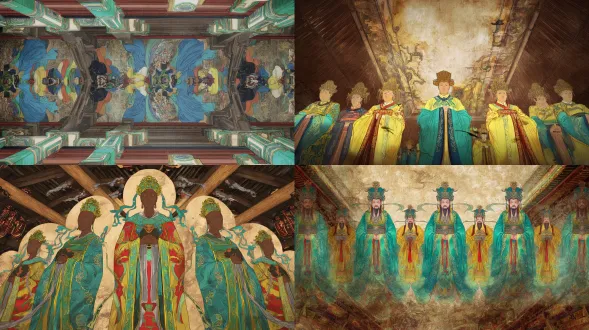 epic chinese ancient mural scene concept art, yongle palace sanqing hall interior, medium close-up with wide angle, symmetrical composition, layered spatial structure (foreground: temple floor tiles with pattern details; midground: chaoyuan painting mural as core; background: dark temple beams and ceiling), 3 main gods (jade emperor/three pure ones) as centerpiece (grand scale, majestic posture), surrounded by 4 attendants and 6 secondary deities (dense yet ordered arrangement), main gods in rich cyan-green dragon robes (intricate dragon embroidery with fine line art, cyan-green gradient folds, glowing golden highlights), elaborate crowns (pearl strings with light reflection, gold foil gradient), plump and solemn faces (soft anime facial features, detailed eyes and expression lines), iron wire brush strokes reimagined in anime concept art style (smooth and precise structural lines, varying line thickness), attendants holding jade tablets/streamers/fans (vibrant costumes: vermilion/bright yellow/moon white with color blending), dark brown temple beams (intricate dougong brackets with hand-drawn texture, warm brown gradient, weathered wood grain), light beige walls with subtle patina (soft brush strokes, light gradient, faint crack details), dramatic top-down lighting (golden glow from ceiling, illuminating main gods, gradient shadows on mural), color palette: saturated traditional mineral colors (cyan-green, cinnabar, stone yellow) with anime concept art vibrancy, thick lines for main subjects, thin lines for details, sacred and grand, epic yuan dynasty mural scene reimagined, digital painting, production-ready concept art, 8k, ultra-detailed, cinematic composition, fantasy religious scene design