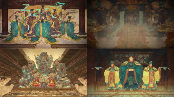 epic chinese ancient mural scene concept art, yongle palace sanqing hall interior, medium close-up with wide angle, symmetrical composition, layered spatial structure (foreground: temple floor tiles with pattern details; midground: chaoyuan painting mural as core; background: dark temple beams and ceiling), 3 main gods (jade emperor/three pure ones) as centerpiece (grand scale, majestic posture), surrounded by 4 attendants and 6 secondary deities (dense yet ordered arrangement), main gods in rich cyan-green dragon robes (intricate dragon embroidery with fine line art, cyan-green gradient folds, glowing golden highlights), elaborate crowns (pearl strings with light reflection, gold foil gradient), plump and solemn faces (soft anime facial features, detailed eyes and expression lines), iron wire brush strokes reimagined in anime concept art style (smooth and precise structural lines, varying line thickness), attendants holding jade tablets/streamers/fans (vibrant costumes: vermilion/bright yellow/moon white with color blending), dark brown temple beams (intricate dougong brackets with hand-drawn texture, warm brown gradient, weathered wood grain), light beige walls with subtle patina (soft brush strokes, light gradient, faint crack details), dramatic top-down lighting (golden glow from ceiling, illuminating main gods, gradient shadows on mural), color palette: saturated traditional mineral colors (cyan-green, cinnabar, stone yellow) with anime concept art vibrancy, thick lines for main subjects, thin lines for details, sacred and grand, epic yuan dynasty mural scene reimagined, digital painting, production-ready concept art, 8k, ultra-detailed, cinematic composition, fantasy religious scene design