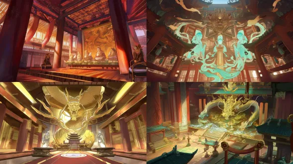 epic chinese ancient mural scene concept art, yongle palace sanqing hall interior, medium close-up with wide angle, symmetrical composition, layered spatial structure (foreground: temple floor tiles with pattern details; midground: chaoyuan painting mural as core; background: dark temple beams and ceiling), 3 main gods (jade emperor/three pure ones) as centerpiece (grand scale, majestic posture), surrounded by 4 attendants and 6 secondary deities (dense yet ordered arrangement), main gods in rich cyan-green dragon robes (intricate dragon embroidery with fine line art, cyan-green gradient folds, glowing golden highlights), elaborate crowns (pearl strings with light reflection, gold foil gradient), plump and solemn faces (soft anime facial features, detailed eyes and expression lines), iron wire brush strokes reimagined in anime concept art style (smooth and precise structural lines, varying line thickness), attendants holding jade tablets/streamers/fans (vibrant costumes: vermilion/bright yellow/moon white with color blending), dark brown temple beams (intricate dougong brackets with hand-drawn texture, warm brown gradient, weathered wood grain), light beige walls with subtle patina (soft brush strokes, light gradient, faint crack details), dramatic top-down lighting (golden glow from ceiling, illuminating main gods, gradient shadows on mural), color palette: saturated traditional mineral colors (cyan-green, cinnabar, stone yellow) with anime concept art vibrancy, thick lines for main subjects, thin lines for details, sacred and grand, epic yuan dynasty mural scene reimagined, digital painting, production-ready concept art, 8k, ultra-detailed, cinematic composition, fantasy religious scene design