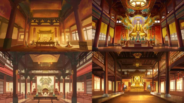 永乐宫三清殿内景，对称构图，广角中近景，层次空间（前景：纹样地砖；中景：朝元图壁画；背景：暗色梁架），三大主神（玉皇/三清）居中（宏伟比例，庄重姿态），四侍者六辅神环绕（密集有序），主神着青绿龙袍（精细刺绣，金线高光），繁复冠冕（珍珠流苏，金箔渐变），圆润肃穆面容（动漫化五官，细腻眼神），铁线描转动漫概念风（流畅精准结构线），侍持玉笏/幡扇（朱红/明黄/月白服饰），棕褐梁枋（斗拱纹理，暖棕渐变），米黄墙面（淡褪色肌理），顶光戏剧照明（金色光晕，渐变投影），饱和矿物色系（石青/朱砂/石黄），8k超精细，史诗感元代壁画重构思，宗教奇幻场景设计