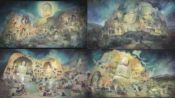 epic anime illustration scene concept art of yungang grottoes, wide-angle upward view, two-point perspective, layered spatial composition (foreground: weathered sandstone fragments and sparse dry shrubs; midground: dense northern wei dynasty grottoes carved into massive cliff; background: misty distant mountains and pale blue sky), massive cliff with warm ochre + light brown sandstone texture (deep cracks, weathered traces, hand-drawn sketchy brush strokes), hundreds of intricate buddha niches (varying sizes, dense yet orderly), giant seated buddha statues (occupying central grottoes, grand scale, serene expressions, chiseled facial features, faded paint traces on robes), smaller standing buddha and bodhisattva carvings (intricate hand gestures, flowing robes with cel-shaded folds), dark gray stone steps winding up the cliff (worn edges, moss patches), tiny figures (a few monks in gray robes praying, tourists with sketchbooks, proportionally small to highlight grandeur), soft light gray mist swirling around the cliff base (volumetric, glowing edges), golden sunlight slanting through cloud gaps (illuminating the main buddha’s face, warm gradient highlights), color palette: warm earth tones (ochre, light brown, deep gray, soft gold) with vibrant anime gradient transitions, precise structural line art for grotto openings and buddha outlines, detailed chisel marks on sandstone, buddha robe carvings rendered in fine strokes, hand-drawn anime texture, sacred and majestic atmosphere, blending ancient buddhist art with dramatic natural landscape, production-ready concept art, 8k, ultra-detailed, cinematic lighting, fantasy historical scene design