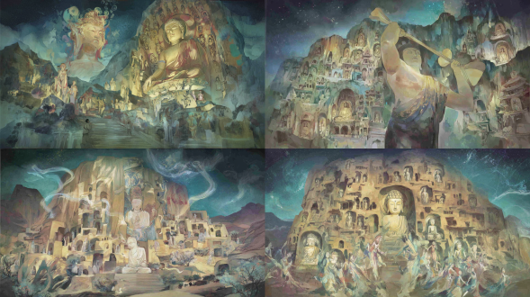 epic anime illustration scene concept art of yungang grottoes, wide-angle upward view, two-point perspective, layered spatial composition (foreground: weathered sandstone fragments and sparse dry shrubs; midground: dense northern wei dynasty grottoes carved into massive cliff; background: misty distant mountains and pale blue sky), massive cliff with warm ochre + light brown sandstone texture (deep cracks, weathered traces, hand-drawn sketchy brush strokes), hundreds of intricate buddha niches (varying sizes, dense yet orderly), giant seated buddha statues (occupying central grottoes, grand scale, serene expressions, chiseled facial features, faded paint traces on robes), smaller standing buddha and bodhisattva carvings (intricate hand gestures, flowing robes with cel-shaded folds), dark gray stone steps winding up the cliff (worn edges, moss patches), tiny figures (a few monks in gray robes praying, tourists with sketchbooks, proportionally small to highlight grandeur), soft light gray mist swirling around the cliff base (volumetric, glowing edges), golden sunlight slanting through cloud gaps (illuminating the main buddha’s face, warm gradient highlights), color palette: warm earth tones (ochre, light brown, deep gray, soft gold) with vibrant anime gradient transitions, precise structural line art for grotto openings and buddha outlines, detailed chisel marks on sandstone, buddha robe carvings rendered in fine strokes, hand-drawn anime texture, sacred and majestic atmosphere, blending ancient buddhist art with dramatic natural landscape, production-ready concept art, 8k, ultra-detailed, cinematic lighting, fantasy historical scene design