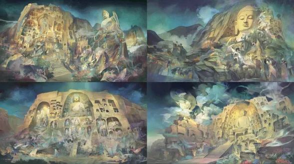 epic anime illustration scene concept art of yungang grottoes, wide-angle upward view, two-point perspective, layered spatial composition (foreground: weathered sandstone fragments and sparse dry shrubs; midground: dense northern wei dynasty grottoes carved into massive cliff; background: misty distant mountains and pale blue sky), massive cliff with warm ochre + light brown sandstone texture (deep cracks, weathered traces, hand-drawn sketchy brush strokes), hundreds of intricate buddha niches (varying sizes, dense yet orderly), giant seated buddha statues (occupying central grottoes, grand scale, serene expressions, chiseled facial features, faded paint traces on robes), smaller standing buddha and bodhisattva carvings (intricate hand gestures, flowing robes with cel-shaded folds), dark gray stone steps winding up the cliff (worn edges, moss patches), tiny figures (a few monks in gray robes praying, tourists with sketchbooks, proportionally small to highlight grandeur), soft light gray mist swirling around the cliff base (volumetric, glowing edges), golden sunlight slanting through cloud gaps (illuminating the main buddha’s face, warm gradient highlights), color palette: warm earth tones (ochre, light brown, deep gray, soft gold) with vibrant anime gradient transitions, precise structural line art for grotto openings and buddha outlines, detailed chisel marks on sandstone, buddha robe carvings rendered in fine strokes, hand-drawn anime texture, sacred and majestic atmosphere, blending ancient buddhist art with dramatic natural landscape, production-ready concept art, 8k, ultra-detailed, cinematic lighting, fantasy historical scene design