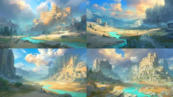 epic anime illustration large-scale scene concept art of yungang grottoes, wide panoramic view, three-point perspective, layered terrain composition: - foreground: winding shallow river valley (pale blue water, pebbled banks, sparse reeds), weathered sandstone gravel slopes (ochre + light brown gradient, hand-drawn texture) - midground: massive cliff of yungang grottoes (stretching 300m wide, warm sandstone with deep weathered cracks, chisel marks), dense niches with northern wei buddha statues (giant seated buddhas in main grottoes, serene expressions, faded cyan/gold paint traces on robes; smaller standing bodhisattvas with flowing cel-shaded folds), northern wei stone paths (winding up cliff, moss patches, worn edges) + ruined monk quarters (low stone walls, earthen roofs) - background: rolling weathered hills (muted ochre + gray, scattered pine shrubs), distant mist-shrouded mountains (pale blue-gray, soft outlines), low-hanging golden sunset clouds (gradient orange + pink, rays piercing gaps) tiny figures (北魏 monks in gray robes chanting, stone carvers with chisels, camel caravan passing valley) to highlight grand scale, dramatic low-angle golden sunlight (long shadows stretching across valley, illuminating buddha faces with warm glowing highlights), color palette: warm earth tones (ochre, sand brown, deep gray) + soft water tones (pale blue, reed green) + anime gradient transitions, precise structural line art for grotto openings/terrain contours, hand-drawn sketchy brush strokes for sandstone/hill textures, sacred & majestic atmosphere, blending ancient buddhist art with vast dramatic terrain, production-ready concept art, 8k, ultra-detailed, cinematic lighting, fantasy historical large scene design
