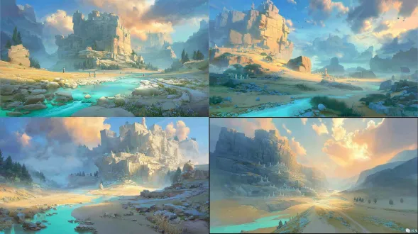 epic anime illustration large-scale scene concept art of yungang grottoes, wide panoramic view, three-point perspective, layered terrain composition: - foreground: winding shallow river valley (pale blue water, pebbled banks, sparse reeds), weathered sandstone gravel slopes (ochre + light brown gradient, hand-drawn texture) - midground: massive cliff of yungang grottoes (stretching 300m wide, warm sandstone with deep weathered cracks, chisel marks), dense niches with northern wei buddha statues (giant seated buddhas in main grottoes, serene expressions, faded cyan/gold paint traces on robes; smaller standing bodhisattvas with flowing cel-shaded folds), northern wei stone paths (winding up cliff, moss patches, worn edges) + ruined monk quarters (low stone walls, earthen roofs) - background: rolling weathered hills (muted ochre + gray, scattered pine shrubs), distant mist-shrouded mountains (pale blue-gray, soft outlines), low-hanging golden sunset clouds (gradient orange + pink, rays piercing gaps) tiny figures (北魏 monks in gray robes chanting, stone carvers with chisels, camel caravan passing valley) to highlight grand scale, dramatic low-angle golden sunlight (long shadows stretching across valley, illuminating buddha faces with warm glowing highlights), color palette: warm earth tones (ochre, sand brown, deep gray) + soft water tones (pale blue, reed green) + anime gradient transitions, precise structural line art for grotto openings/terrain contours, hand-drawn sketchy brush strokes for sandstone/hill textures, sacred & majestic atmosphere, blending ancient buddhist art with vast dramatic terrain, production-ready concept art, 8k, ultra-detailed, cinematic lighting, fantasy historical large scene design