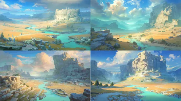 epic anime illustration large-scale scene concept art of yungang grottoes, wide panoramic view, three-point perspective, layered terrain composition: - foreground: winding shallow river valley (pale blue water, pebbled banks, sparse reeds), weathered sandstone gravel slopes (ochre + light brown gradient, hand-drawn texture) - midground: massive cliff of yungang grottoes (stretching 300m wide, warm sandstone with deep weathered cracks, chisel marks), dense niches with northern wei buddha statues (giant seated buddhas in main grottoes, serene expressions, faded cyan/gold paint traces on robes; smaller standing bodhisattvas with flowing cel-shaded folds), northern wei stone paths (winding up cliff, moss patches, worn edges) + ruined monk quarters (low stone walls, earthen roofs) - background: rolling weathered hills (muted ochre + gray, scattered pine shrubs), distant mist-shrouded mountains (pale blue-gray, soft outlines), low-hanging golden sunset clouds (gradient orange + pink, rays piercing gaps) tiny figures (北魏 monks in gray robes chanting, stone carvers with chisels, camel caravan passing valley) to highlight grand scale, dramatic low-angle golden sunlight (long shadows stretching across valley, illuminating buddha faces with warm glowing highlights), color palette: warm earth tones (ochre, sand brown, deep gray) + soft water tones (pale blue, reed green) + anime gradient transitions, precise structural line art for grotto openings/terrain contours, hand-drawn sketchy brush strokes for sandstone/hill textures, sacred & majestic atmosphere, blending ancient buddhist art with vast dramatic terrain, production-ready concept art, 8k, ultra-detailed, cinematic lighting, fantasy historical large scene design