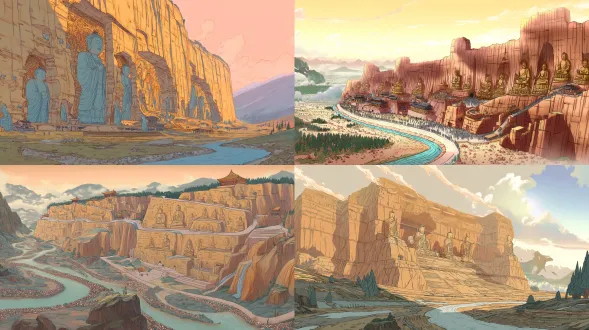 epic anime illustration large-scale scene concept art of yungang grottoes, wide panoramic view, three-point perspective, layered terrain composition: - foreground: winding shallow river valley (pale blue water, pebbled banks, sparse reeds), weathered sandstone gravel slopes (ochre + light brown gradient, hand-drawn texture) - midground: massive cliff of yungang grottoes (stretching 300m wide, warm sandstone with deep weathered cracks, chisel marks), dense niches with northern wei buddha statues (giant seated buddhas in main grottoes, serene expressions, faded cyan/gold paint traces on robes; smaller standing bodhisattvas with flowing cel-shaded folds), northern wei stone paths (winding up cliff, moss patches, worn edges) + ruined monk quarters (low stone walls, earthen roofs) - background: rolling weathered hills (muted ochre + gray, scattered pine shrubs), distant mist-shrouded mountains (pale blue-gray, soft outlines), low-hanging golden sunset clouds (gradient orange + pink, rays piercing gaps) tiny figures (北魏 monks in gray robes chanting, stone carvers with chisels, camel caravan passing valley) to highlight grand scale, dramatic low-angle golden sunlight (long shadows stretching across valley, illuminating buddha faces with warm glowing highlights), color palette: warm earth tones (ochre, sand brown, deep gray) + soft water tones (pale blue, reed green) + anime gradient transitions, precise structural line art for grotto openings/terrain contours, hand-drawn sketchy brush strokes for sandstone/hill textures, sacred & majestic atmosphere, blending ancient buddhist art with vast dramatic terrain, production-ready concept art, 8k, ultra-detailed, cinematic lighting, fantasy historical large scene design