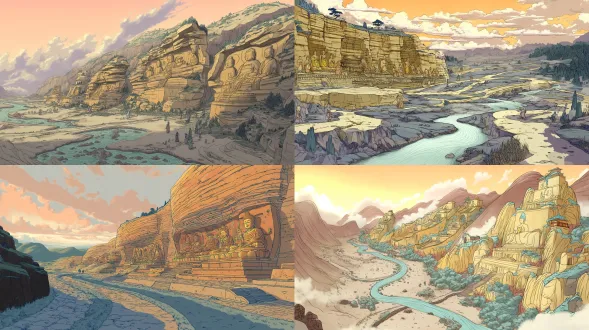 epic anime illustration large-scale scene concept art of yungang grottoes, wide panoramic view, three-point perspective, layered terrain composition: - foreground: winding shallow river valley (pale blue water, pebbled banks, sparse reeds), weathered sandstone gravel slopes (ochre + light brown gradient, hand-drawn texture) - midground: massive cliff of yungang grottoes (stretching 300m wide, warm sandstone with deep weathered cracks, chisel marks), dense niches with northern wei buddha statues (giant seated buddhas in main grottoes, serene expressions, faded cyan/gold paint traces on robes; smaller standing bodhisattvas with flowing cel-shaded folds), northern wei stone paths (winding up cliff, moss patches, worn edges) + ruined monk quarters (low stone walls, earthen roofs) - background: rolling weathered hills (muted ochre + gray, scattered pine shrubs), distant mist-shrouded mountains (pale blue-gray, soft outlines), low-hanging golden sunset clouds (gradient orange + pink, rays piercing gaps) tiny figures (北魏 monks in gray robes chanting, stone carvers with chisels, camel caravan passing valley) to highlight grand scale, dramatic low-angle golden sunlight (long shadows stretching across valley, illuminating buddha faces with warm glowing highlights), color palette: warm earth tones (ochre, sand brown, deep gray) + soft water tones (pale blue, reed green) + anime gradient transitions, precise structural line art for grotto openings/terrain contours, hand-drawn sketchy brush strokes for sandstone/hill textures, sacred & majestic atmosphere, blending ancient buddhist art with vast dramatic terrain, production-ready concept art, 8k, ultra-detailed, cinematic lighting, fantasy historical large scene design
