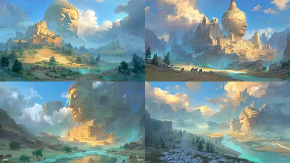 "云冈石窟史诗级动漫插画，广阔全景，三点透视，分层地形构图（前景：蜿蜒浅河谷、卵石岸、稀疏芦苇、风化砂岩坡；中景：30米高北魏风格巨佛头像，宁静表情、高鼻深目、螺旋发髻、赭石砂岩纹理伴风化裂痕与褪色青金彩绘；背景：起伏丘陵、松树灌木、远山雾霭、金色日落云层），微小人物（诵经僧侣、凿刻工匠、河谷驼队）突显宏大尺度，戏剧性低角度金色阳光（长影、佛面光晕、河面反光），暖大地色系（赭色、沙棕、深灰）+柔和色调（淡蓝、芦苇绿）+动漫渐变（佛首金光、云霞过渡），精准结构线描与手绘笔触质感，神圣、壮丽、震撼，融合北魏佛教艺术与史诗地形，8k超精细，电影级光影，幻想历史巨制场景"