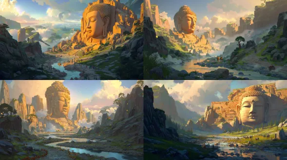 "云冈石窟史诗动漫插画，全景广角，三点透视，分层构图（前景：蜿蜒浅河谷，卵石岸，稀疏芦苇，风化的砂岩斜坡；中景：嵌入巨型佛头（北魏风格）的悬崖，30米高，宁静表情，高鼻深目，螺旋发髻，暖赭砂岩纹理，深裂纹与褪色青金彩绘；周围密布佛龛小窟，北魏石径蜿蜒，苔藓台阶，残破僧房；背景：起伏丘陵，散落松灌，远山雾霭，低垂金色暮云透光），微小人物（北魏僧侣诵经，石匠凿刻，驼队渡河）突显巨构规模，戏剧性低角度金色阳光（长影延伸，佛面暖光晕，河面反光），色板：暖土调（赭、沙棕、深灰）+柔水色（淡蓝、芦绿）+动漫渐变（佛头金晕，暮云渐变），精确结构线描佛面与地形，手绘砂岩笔触，神圣、庄严、震撼，融合北魏佛教艺术与宏大场景，8k超精细，电影级光影，奇幻历史巨制"
