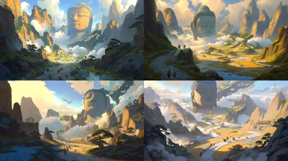 云冈石窟史诗动漫概念图，全景广角，三点透视，分层地形（前景：蜿蜒浅河谷卵石滩，稀疏芦苇，风化石坡；中景：巨佛头像为核心—北魏风格，30米高，宁静表情，高鼻深目，螺旋卷发，暖赭砂岩纹理，裂纹凿痕，青金褪色耳饰；周围密布佛龛石窟，北魏石径盘绕，苔阶残僧舍；背景：起伏风化石山，松灌散布，远山雾霭，落日金云透光），微小人物（北魏僧侣诵经，石匠凿刻，骆驼商队渡河）突显巨构尺度，戏剧性低角度金光（长影遍野，佛面暖晖，河面反光），色调：暖土（赭/棕/深灰）＋柔水（淡蓝/芦绿）＋动漫渐变（佛首金晕，云霞过渡），精准线稿勾佛容窟形，手绘笔触呈砂岩/山峦/水纹，神圣肃穆，融合北魏佛教艺术与恢弘地貌，8k超精，电影光影，奇幻历史场景