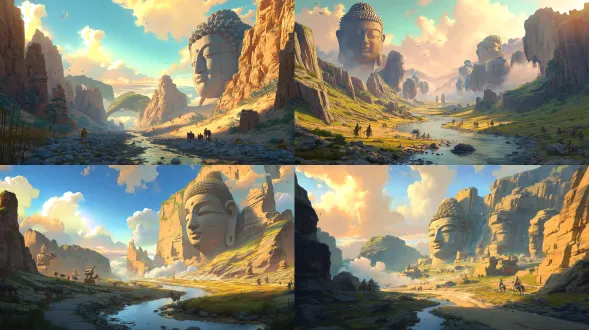 "云冈石窟史诗动漫插画，广角全景，三点透视，分层地形构图（前景：蜿蜒浅河谷，卵石岸，稀疏芦苇，风化的砂岩斜坡，散落半埋的小佛像（北魏风格，1-2米高）；中景：巨大悬崖嵌有巨型佛头（30米高，宁静表情，螺旋发髻）；背景：起伏山丘，薄雾远山，夕阳金云），微小人物（僧侣诵经，骆驼商队）突显规模，戏剧性低角度金色阳光（长影，佛面光晕），暖大地色系（赭石、沙棕） + 柔和水色调（淡蓝、芦苇绿） + 动漫渐变（金晕、夕阳云），8k超精细，电影级光线，神圣庄严氛围，历史幻想大场景设计"