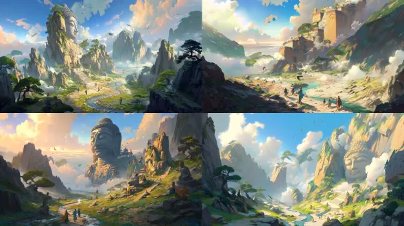 epic anime illustration large-scale scene concept art of yungang grottoes, wide panoramic view, three-point perspective, layered terrain composition (foreground: winding shallow river valley with pebbled banks, sparse reeds, weathered sandstone gravel slopes, scattered small buddha statues half-buried in gravel (northern wei style, 1-2m tall, weathered sandstone texture, chipped edges); midground: massive cliff with embedded giant buddha head (northern wei style) as core—30m tall, full face completely visible, serene expression, high nose deep eyes, spiral hair curls, warm ochre sandstone with deep cracks and faded cyan/gold paint on earlobes; surrounding dense buddha niches + sporadic small sitting/standing buddha carvings in cliff crevices, northern wei stone paths winding up cliff (flanked by tiny buddha statues), mossy steps, ruined stone monk quarters with buddha fragments leaning against walls; background: rolling weathered hills with scattered pine shrubs + isolated stone buddha fragments on slopes, distant mist-shrouded mountains, low-hanging golden sunset clouds with rays piercing gaps), tiny figures (northern wei monks chanting at giant buddha’s feet, stone carvers polishing small buddha statues, camel caravan crossing river valley) to highlight colossal scale, dramatic low-angle golden sunlight (long shadows stretching across terrain, illuminating giant buddha’s face with warm glowing halo, light reflecting on river surface and small buddha carvings), color palette: warm earth tones (ochre, sand brown, deep gray) + soft water tones (pale blue, reed green) + anime gradient transitions (golden halo, sunset cloud gradients), precise structural line art for giant buddha features, small buddha contours, grotto openings, and terrain edges, hand-drawn sketchy brush strokes for sandstone textures, hill slopes, and river ripples, sacred, majestic, and awe-inspiring atmosphere, blending ancient northern wei buddhist art (giant core buddha + scattered small buddhas) with vast dramatic terrain, production-ready concept art, 8k, ultra-detailed, cinematic lighting, fantasy historical large scene design