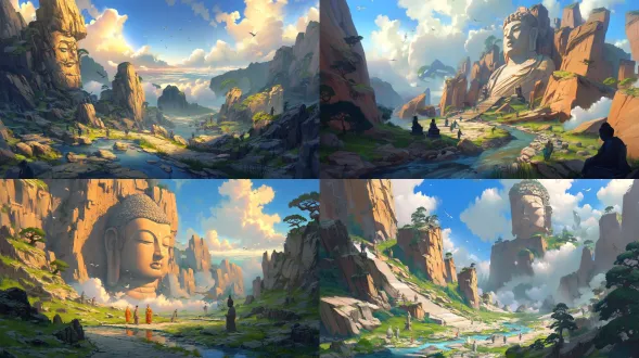 epic anime illustration large-scale scene concept art of yungang grottoes, wide panoramic view, three-point perspective, layered terrain composition (foreground: winding shallow river valley with pebbled banks, sparse reeds, weathered sandstone gravel slopes, scattered small buddha statues half-buried in gravel (northern wei style, 1-2m tall, weathered sandstone texture, chipped edges); midground: massive cliff with embedded giant buddha head (northern wei style) as core—30m tall, full face completely visible, serene expression, high nose deep eyes, spiral hair curls, warm ochre sandstone with deep cracks and faded cyan/gold paint on earlobes; surrounding dense buddha niches + sporadic small sitting/standing buddha carvings in cliff crevices, northern wei stone paths winding up cliff (flanked by tiny buddha statues), mossy steps, ruined stone monk quarters with buddha fragments leaning against walls; background: rolling weathered hills with scattered pine shrubs + isolated stone buddha fragments on slopes, distant mist-shrouded mountains, low-hanging golden sunset clouds with rays piercing gaps), tiny figures (northern wei monks chanting at giant buddha’s feet, stone carvers polishing small buddha statues, camel caravan crossing river valley) to highlight colossal scale, dramatic low-angle golden sunlight (long shadows stretching across terrain, illuminating giant buddha’s face with warm glowing halo, light reflecting on river surface and small buddha carvings), color palette: warm earth tones (ochre, sand brown, deep gray) + soft water tones (pale blue, reed green) + anime gradient transitions (golden halo, sunset cloud gradients), precise structural line art for giant buddha features, small buddha contours, grotto openings, and terrain edges, hand-drawn sketchy brush strokes for sandstone textures, hill slopes, and river ripples, sacred, majestic, and awe-inspiring atmosphere, blending ancient northern wei buddhist art (giant core buddha + scattered small buddhas) with vast dramatic terrain, production-ready concept art, 8k, ultra-detailed, cinematic lighting, fantasy historical large scene design