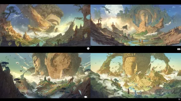 epic anime illustration large-scale scene concept art of yungang grottoes, wide panoramic view, three-point perspective, layered terrain composition (foreground: winding shallow river valley with pebbled banks, sparse reeds, weathered sandstone gravel slopes, scattered small buddha statues half-buried in gravel (northern wei style, 1-2m tall, weathered sandstone texture, chipped edges); midground: massive cliff with embedded giant buddha head (northern wei style) as core—30m tall, full face completely visible, serene expression, high nose deep eyes, spiral hair curls, warm ochre sandstone with deep cracks and faded cyan/gold paint on earlobes; surrounding dense buddha niches + sporadic small sitting/standing buddha carvings in cliff crevices, northern wei stone paths winding up cliff (flanked by tiny buddha statues), mossy steps, ruined stone monk quarters with buddha fragments leaning against walls; background: rolling weathered hills with scattered pine shrubs + isolated stone buddha fragments on slopes, distant mist-shrouded mountains, low-hanging golden sunset clouds with rays piercing gaps), tiny figures (northern wei monks chanting at giant buddha’s feet, stone carvers polishing small buddha statues, camel caravan crossing river valley) to highlight colossal scale, dramatic low-angle golden sunlight (long shadows stretching across terrain, illuminating giant buddha’s face with warm glowing halo, light reflecting on river surface and small buddha carvings), color palette: warm earth tones (ochre, sand brown, deep gray) + soft water tones (pale blue, reed green) + anime gradient transitions (golden halo, sunset cloud gradients), precise structural line art for giant buddha features, small buddha contours, grotto openings, and terrain edges, hand-drawn sketchy brush strokes for sandstone textures, hill slopes, and river ripples, sacred, majestic, and awe-inspiring atmosphere, blending ancient northern wei buddhist art (giant core buddha + scattered small buddhas) with vast dramatic terrain, production-ready concept art, 8k, ultra-detailed, cinematic lighting, fantasy historical large scene design