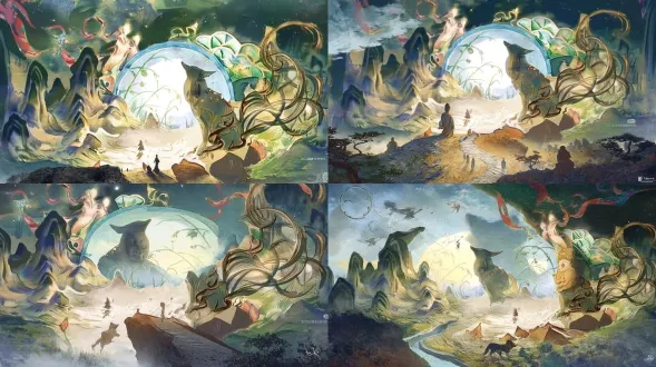 epic anime illustration large-scale scene concept art of yungang grottoes, wide panoramic view, three-point perspective, layered terrain composition (foreground: winding shallow river valley with pebbled banks, sparse reeds, weathered sandstone gravel slopes, scattered small buddha statues half-buried in gravel (northern wei style, 1-2m tall, weathered sandstone texture, chipped edges); midground: massive cliff with embedded giant buddha head (northern wei style) as core—30m tall, full face completely visible, serene expression, high nose deep eyes, spiral hair curls, warm ochre sandstone with deep cracks and faded cyan/gold paint on earlobes; surrounding dense buddha niches + sporadic small sitting/standing buddha carvings in cliff crevices, northern wei stone paths winding up cliff (flanked by tiny buddha statues), mossy steps, ruined stone monk quarters with buddha fragments leaning against walls; background: rolling weathered hills with scattered pine shrubs + isolated stone buddha fragments on slopes, distant mist-shrouded mountains, low-hanging golden sunset clouds with rays piercing gaps), tiny figures (northern wei monks chanting at giant buddha’s feet, stone carvers polishing small buddha statues, camel caravan crossing river valley) to highlight colossal scale, dramatic low-angle golden sunlight (long shadows stretching across terrain, illuminating giant buddha’s face with warm glowing halo, light reflecting on river surface and small buddha carvings), color palette: warm earth tones (ochre, sand brown, deep gray) + soft water tones (pale blue, reed green) + anime gradient transitions (golden halo, sunset cloud gradients), precise structural line art for giant buddha features, small buddha contours, grotto openings, and terrain edges, hand-drawn sketchy brush strokes for sandstone textures, hill slopes, and river ripples, sacred, majestic, and awe-inspiring atmosphere, blending ancient northern wei buddhist art (giant core buddha + scattered small buddhas) with vast dramatic terrain, production-ready concept art, 8k, ultra-detailed, cinematic lighting, fantasy historical large scene design