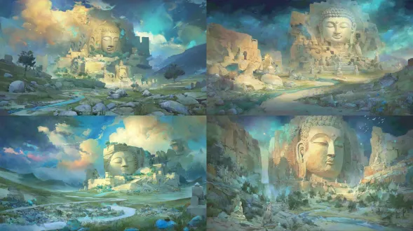 epic anime illustration large-scale scene concept art of yungang grottoes, wide panoramic view, three-point perspective, layered terrain composition (foreground: winding shallow river valley with pebbled banks, sparse reeds, weathered sandstone gravel slopes, scattered small buddha statues half-buried in gravel (northern wei style, 1-2m tall, weathered sandstone texture, chipped edges); midground: massive cliff with embedded giant buddha head (northern wei style) as core—30m tall, full face completely visible, serene expression, high nose deep eyes, spiral hair curls, warm ochre sandstone with deep cracks and faded cyan/gold paint on earlobes; surrounding dense buddha niches + sporadic small sitting/standing buddha carvings in cliff crevices, northern wei stone paths winding up cliff (flanked by tiny buddha statues), mossy steps, ruined stone monk quarters with buddha fragments leaning against walls; background: rolling weathered hills with scattered pine shrubs + isolated stone buddha fragments on slopes, distant mist-shrouded mountains, low-hanging golden sunset clouds with rays piercing gaps), tiny figures (northern wei monks chanting at giant buddha’s feet, stone carvers polishing small buddha statues, camel caravan crossing river valley) to highlight colossal scale, dramatic low-angle golden sunlight (long shadows stretching across terrain, illuminating giant buddha’s face with warm glowing halo, light reflecting on river surface and small buddha carvings), color palette: warm earth tones (ochre, sand brown, deep gray) + soft water tones (pale blue, reed green) + anime gradient transitions (golden halo, sunset cloud gradients), precise structural line art for giant buddha features, small buddha contours, grotto openings, and terrain edges, hand-drawn sketchy brush strokes for sandstone textures, hill slopes, and river ripples, sacred, majestic, and awe-inspiring atmosphere, blending ancient northern wei buddhist art (giant core buddha + scattered small buddhas) with vast dramatic terrain, production-ready concept art, 8k, ultra-detailed, cinematic lighting, fantasy historical large scene design