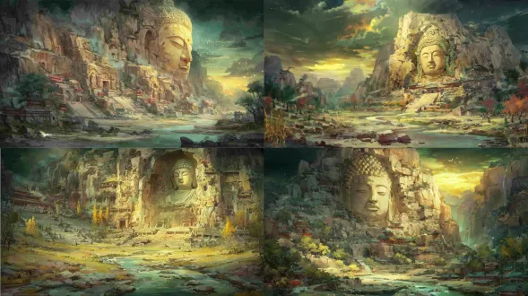 epic anime illustration large-scale scene concept art of yungang grottoes, wide panoramic view, three-point perspective, layered terrain composition (foreground: winding shallow river valley with pebbled banks, sparse reeds, weathered sandstone gravel slopes, scattered small buddha statues half-buried in gravel (northern wei style, 1-2m tall, weathered sandstone texture, chipped edges); midground: massive cliff with embedded giant buddha head (northern wei style) as core—30m tall, full face completely visible, serene expression, high nose deep eyes, spiral hair curls, warm ochre sandstone with deep cracks and faded cyan/gold paint on earlobes; surrounding dense buddha niches + sporadic small sitting/standing buddha carvings in cliff crevices, northern wei stone paths winding up cliff (flanked by tiny buddha statues), mossy steps, ruined stone monk quarters with buddha fragments leaning against walls; background: rolling weathered hills with scattered pine shrubs + isolated stone buddha fragments on slopes, distant mist-shrouded mountains, low-hanging golden sunset clouds with rays piercing gaps), tiny figures (northern wei monks chanting at giant buddha’s feet, stone carvers polishing small buddha statues, camel caravan crossing river valley) to highlight colossal scale, dramatic low-angle golden sunlight (long shadows stretching across terrain, illuminating giant buddha’s face with warm glowing halo, light reflecting on river surface and small buddha carvings), color palette: warm earth tones (ochre, sand brown, deep gray) + soft water tones (pale blue, reed green) + anime gradient transitions (golden halo, sunset cloud gradients), precise structural line art for giant buddha features, small buddha contours, grotto openings, and terrain edges, hand-drawn sketchy brush strokes for sandstone textures, hill slopes, and river ripples, sacred, majestic, and awe-inspiring atmosphere, blending ancient northern wei buddhist art (giant core buddha + scattered small buddhas) with vast dramatic terrain, production-ready concept art, 8k, ultra-detailed, cinematic lighting, fantasy historical large scene design