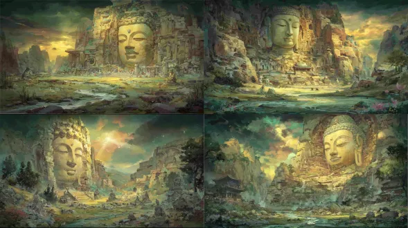 epic anime illustration large-scale scene concept art of yungang grottoes, wide panoramic view, three-point perspective, layered terrain composition (foreground: winding shallow river valley with pebbled banks, sparse reeds, weathered sandstone gravel slopes, scattered small buddha statues half-buried in gravel (northern wei style, 1-2m tall, weathered sandstone texture, chipped edges); midground: massive cliff with embedded giant buddha head (northern wei style) as core—30m tall, full face completely visible, serene expression, high nose deep eyes, spiral hair curls, warm ochre sandstone with deep cracks and faded cyan/gold paint on earlobes; surrounding dense buddha niches + sporadic small sitting/standing buddha carvings in cliff crevices, northern wei stone paths winding up cliff (flanked by tiny buddha statues), mossy steps, ruined stone monk quarters with buddha fragments leaning against walls; background: rolling weathered hills with scattered pine shrubs + isolated stone buddha fragments on slopes, distant mist-shrouded mountains, low-hanging golden sunset clouds with rays piercing gaps), tiny figures (northern wei monks chanting at giant buddha’s feet, stone carvers polishing small buddha statues, camel caravan crossing river valley) to highlight colossal scale, dramatic low-angle golden sunlight (long shadows stretching across terrain, illuminating giant buddha’s face with warm glowing halo, light reflecting on river surface and small buddha carvings), color palette: warm earth tones (ochre, sand brown, deep gray) + soft water tones (pale blue, reed green) + anime gradient transitions (golden halo, sunset cloud gradients), precise structural line art for giant buddha features, small buddha contours, grotto openings, and terrain edges, hand-drawn sketchy brush strokes for sandstone textures, hill slopes, and river ripples, sacred, majestic, and awe-inspiring atmosphere, blending ancient northern wei buddhist art (giant core buddha + scattered small buddhas) with vast dramatic terrain, production-ready concept art, 8k, ultra-detailed, cinematic lighting, fantasy historical large scene design