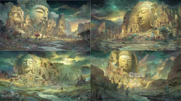 epic anime illustration large-scale scene concept art of yungang grottoes, wide panoramic view, three-point perspective, layered terrain composition (foreground: winding shallow river valley with pebbled banks, sparse reeds, weathered sandstone gravel slopes, scattered small buddha statues half-buried in gravel (northern wei style, 1-2m tall, weathered sandstone texture, chipped edges); midground: massive cliff with embedded giant buddha head (northern wei style) as core—30m tall, full face completely visible, serene expression, high nose deep eyes, spiral hair curls, warm ochre sandstone with deep cracks and faded cyan/gold paint on earlobes; surrounding dense buddha niches + sporadic small sitting/standing buddha carvings in cliff crevices, northern wei stone paths winding up cliff (flanked by tiny buddha statues), mossy steps, ruined stone monk quarters with buddha fragments leaning against walls; background: rolling weathered hills with scattered pine shrubs + isolated stone buddha fragments on slopes, distant mist-shrouded mountains, low-hanging golden sunset clouds with rays piercing gaps), tiny figures (northern wei monks chanting at giant buddha’s feet, stone carvers polishing small buddha statues, camel caravan crossing river valley) to highlight colossal scale, dramatic low-angle golden sunlight (long shadows stretching across terrain, illuminating giant buddha’s face with warm glowing halo, light reflecting on river surface and small buddha carvings), color palette: warm earth tones (ochre, sand brown, deep gray) + soft water tones (pale blue, reed green) + anime gradient transitions (golden halo, sunset cloud gradients), precise structural line art for giant buddha features, small buddha contours, grotto openings, and terrain edges, hand-drawn sketchy brush strokes for sandstone textures, hill slopes, and river ripples, sacred, majestic, and awe-inspiring atmosphere, blending ancient northern wei buddhist art (giant core buddha + scattered small buddhas) with vast dramatic terrain, production-ready concept art, 8k, ultra-detailed, cinematic lighting, fantasy historical large scene design