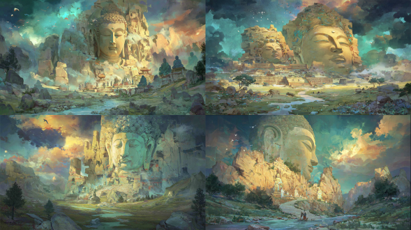 epic anime illustration large-scale scene concept art of yungang grottoes, wide panoramic view, three-point perspective, layered terrain composition (foreground: winding shallow river valley with pebbled banks, sparse reeds, weathered sandstone gravel slopes, scattered small buddha statues half-buried in gravel (northern wei style, 1-2m tall, weathered sandstone texture, chipped edges); midground: massive cliff with embedded giant buddha head (northern wei style) as core—30m tall, full face completely visible, serene expression, high nose deep eyes, spiral hair curls, warm ochre sandstone with deep cracks and faded cyan/gold paint on earlobes; surrounding dense buddha niches + sporadic small sitting/standing buddha carvings in cliff crevices, northern wei stone paths winding up cliff (flanked by tiny buddha statues), mossy steps, ruined stone monk quarters with buddha fragments leaning against walls; background: rolling weathered hills with scattered pine shrubs + isolated stone buddha fragments on slopes, distant mist-shrouded mountains, low-hanging golden sunset clouds with rays piercing gaps), tiny figures (northern wei monks chanting at giant buddha’s feet, stone carvers polishing small buddha statues, camel caravan crossing river valley) to highlight colossal scale, dramatic low-angle golden sunlight (long shadows stretching across terrain, illuminating giant buddha’s face with warm glowing halo, light reflecting on river surface and small buddha carvings), color palette: warm earth tones (ochre, sand brown, deep gray) + soft water tones (pale blue, reed green) + anime gradient transitions (golden halo, sunset cloud gradients), precise structural line art for giant buddha features, small buddha contours, grotto openings, and terrain edges, hand-drawn sketchy brush strokes for sandstone textures, hill slopes, and river ripples, sacred, majestic, and awe-inspiring atmosphere, blending ancient northern wei buddhist art (giant core buddha + scattered small buddhas) with vast dramatic terrain, production-ready concept art, 8k, ultra-detailed, cinematic lighting, fantasy historical large scene design