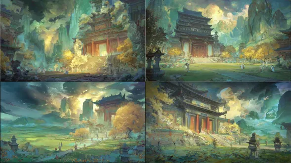 epic anime illustration large-scale scene concept art of yongle palace, wide panoramic view, three-point perspective, layered terrain composition (foreground: ancient chinese courtyard with weathered bluestone slabs, ginkgo trees with golden fallen leaves, stone lanterns, and low jade-green lotus ponds; midground: yongle palace sanqing hall as core—giant wooden structure with dark brown beams, intricate dougong brackets, vermilion pillars, gray curved eaves with yellow glazed tiles, massive door panels carved with cloud-dragon patterns; interior/exterior walls adorned with yuan dynasty chaoyuan painting murals (hundreds of gods/bodhisattvas/immortals: jade emperor, three pure ones, attendants in rich cyan-green, vermilion, golden yellow robes with flowing cel-shaded folds, iron wire brush stroke-style line art, serene/majestic expressions); surrounding corridors with scattered stone steles, taoist incense burners emitting wispy smoke; background: rolling green hills, mist-shrouded distant mountains, soft golden morning sunlight breaking through clouds), tiny figures (taoist priests in gray robes chanting, pilgrims burning incense, artists copying murals) to highlight grand scale, dramatic low-angle lighting (warm golden rays illuminating palace eaves and mural faces, casting long shadows on courtyard stones, light reflecting on lotus pond surface), color palette: traditional taoist mural colors (cyan-green, cinnabar red, stone yellow, gold foil) + anime gradient transitions (glowing edges on robes, cloud gradients), precise structural line art for palace dougong brackets, mural god outlines, and terrain contours, hand-drawn sketchy brush strokes for ginkgo leaves, stone textures, and water ripples, sacred, majestic, and ethereal atmosphere, blending yuan dynasty taoist architecture/murals with vast dramatic terrain, production-ready concept art, 8k, ultra-detailed, cinematic lighting, fantasy historical large scene design