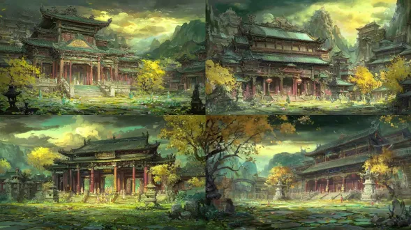 epic anime illustration large-scale scene concept art of yongle palace, wide panoramic view, three-point perspective, layered terrain composition (foreground: ancient chinese courtyard with weathered bluestone slabs, ginkgo trees with golden fallen leaves, stone lanterns, and low jade-green lotus ponds; midground: yongle palace sanqing hall as core—giant wooden structure with dark brown beams, intricate dougong brackets, vermilion pillars, gray curved eaves with yellow glazed tiles, massive door panels carved with cloud-dragon patterns; interior/exterior walls adorned with yuan dynasty chaoyuan painting murals (hundreds of gods/bodhisattvas/immortals: jade emperor, three pure ones, attendants in rich cyan-green, vermilion, golden yellow robes with flowing cel-shaded folds, iron wire brush stroke-style line art, serene/majestic expressions); surrounding corridors with scattered stone steles, taoist incense burners emitting wispy smoke; background: rolling green hills, mist-shrouded distant mountains, soft golden morning sunlight breaking through clouds), tiny figures (taoist priests in gray robes chanting, pilgrims burning incense, artists copying murals) to highlight grand scale, dramatic low-angle lighting (warm golden rays illuminating palace eaves and mural faces, casting long shadows on courtyard stones, light reflecting on lotus pond surface), color palette: traditional taoist mural colors (cyan-green, cinnabar red, stone yellow, gold foil) + anime gradient transitions (glowing edges on robes, cloud gradients), precise structural line art for palace dougong brackets, mural god outlines, and terrain contours, hand-drawn sketchy brush strokes for ginkgo leaves, stone textures, and water ripples, sacred, majestic, and ethereal atmosphere, blending yuan dynasty taoist architecture/murals with vast dramatic terrain, production-ready concept art, 8k, ultra-detailed, cinematic lighting, fantasy historical large scene design
