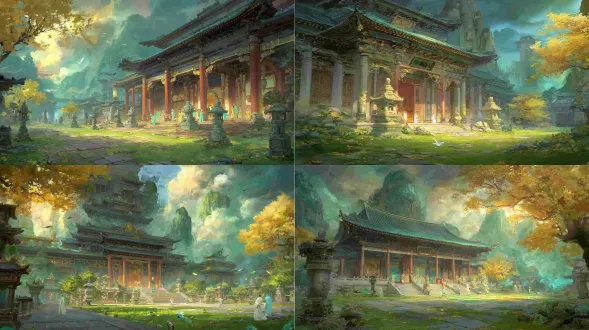 epic anime illustration large-scale scene concept art of yongle palace, wide panoramic view, three-point perspective, layered terrain composition (foreground: ancient chinese courtyard with weathered bluestone slabs, ginkgo trees with golden fallen leaves, stone lanterns, and low jade-green lotus ponds; midground: yongle palace sanqing hall as core—giant wooden structure with dark brown beams, intricate dougong brackets, vermilion pillars, gray curved eaves with yellow glazed tiles, massive door panels carved with cloud-dragon patterns; interior/exterior walls adorned with yuan dynasty chaoyuan painting murals (hundreds of gods/bodhisattvas/immortals: jade emperor, three pure ones, attendants in rich cyan-green, vermilion, golden yellow robes with flowing cel-shaded folds, iron wire brush stroke-style line art, serene/majestic expressions); surrounding corridors with scattered stone steles, taoist incense burners emitting wispy smoke; background: rolling green hills, mist-shrouded distant mountains, soft golden morning sunlight breaking through clouds), tiny figures (taoist priests in gray robes chanting, pilgrims burning incense, artists copying murals) to highlight grand scale, dramatic low-angle lighting (warm golden rays illuminating palace eaves and mural faces, casting long shadows on courtyard stones, light reflecting on lotus pond surface), color palette: traditional taoist mural colors (cyan-green, cinnabar red, stone yellow, gold foil) + anime gradient transitions (glowing edges on robes, cloud gradients), precise structural line art for palace dougong brackets, mural god outlines, and terrain contours, hand-drawn sketchy brush strokes for ginkgo leaves, stone textures, and water ripples, sacred, majestic, and ethereal atmosphere, blending yuan dynasty taoist architecture/murals with vast dramatic terrain, production-ready concept art, 8k, ultra-detailed, cinematic lighting, fantasy historical large scene design