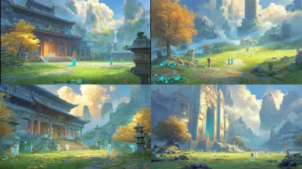 epic anime illustration large-scale scene concept art of yongle palace, wide panoramic view, three-point perspective, layered terrain composition (foreground: ancient chinese courtyard with weathered bluestone slabs, ginkgo trees with golden fallen leaves, stone lanterns, and low jade-green lotus ponds; midground: yongle palace sanqing hall as core—giant wooden structure with dark brown beams, intricate dougong brackets, vermilion pillars, gray curved eaves with yellow glazed tiles, massive door panels carved with cloud-dragon patterns; interior/exterior walls adorned with yuan dynasty chaoyuan painting murals (hundreds of gods/bodhisattvas/immortals: jade emperor, three pure ones, attendants in rich cyan-green, vermilion, golden yellow robes with flowing cel-shaded folds, iron wire brush stroke-style line art, serene/majestic expressions); surrounding corridors with scattered stone steles, taoist incense burners emitting wispy smoke; background: rolling green hills, mist-shrouded distant mountains, soft golden morning sunlight breaking through clouds), tiny figures (taoist priests in gray robes chanting, pilgrims burning incense, artists copying murals) to highlight grand scale, dramatic low-angle lighting (warm golden rays illuminating palace eaves and mural faces, casting long shadows on courtyard stones, light reflecting on lotus pond surface), color palette: traditional taoist mural colors (cyan-green, cinnabar red, stone yellow, gold foil) + anime gradient transitions (glowing edges on robes, cloud gradients), precise structural line art for palace dougong brackets, mural god outlines, and terrain contours, hand-drawn sketchy brush strokes for ginkgo leaves, stone textures, and water ripples, sacred, majestic, and ethereal atmosphere, blending yuan dynasty taoist architecture/murals with vast dramatic terrain, production-ready concept art, 8k, ultra-detailed, cinematic lighting, fantasy historical large scene design