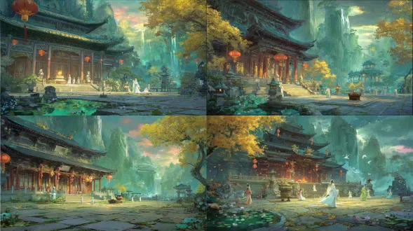 epic anime illustration large-scale scene concept art of yongle palace lüzu hall, wide panoramic view, three-point perspective, layered terrain composition (foreground: taoist garden with eight-trigram bluestone pavement, twisted pine trees, stone danlu (alchemy furnace) emitting wispy white smoke, clear jade-like pond with floating lotus leaves and water ripples; midground: lüzu hall as core—elegant yuan dynasty wooden structure with dark red pillars, gray tile curved eaves, yellow glazed tile ridges carved with crane patterns, eaves hanging red silk lanterns, walls adorned with murals of lü dongbin’s life (crossing rivers, teaching disciples, practicing alchemy) in soft anime line art, interior statue of lü dongbin (serene expression, taoist robe with flowing cel-shaded folds, holding a sword); surrounding stone corridors with low railings, scattered taoist scriptures on stone tables, ginkgo trees with golden leaves; background: misty green fairy mountains, floating cloud platforms, distant waterfalls pouring down cliffs, soft purple-pink sunset glow), tiny figures (taoist priests in white robes practicing swordsmanship, young disciples copying scriptures, pilgrims bowing to lü dongbin statue) to highlight grand scale, dramatic warm lighting (sunset rays filtering through pine branches, illuminating hall eaves and mural faces, casting long shadows on eight-trigram pavement, glowing edges on lotus petals), color palette: taoist fairyland tones (cyan-green, pale purple, golden yellow, deep red, jade white) + anime gradient transitions (cloud glow, sword light, lantern glow), precise structural line art for hall dougong brackets, mural outlines, and terrain contours, hand-drawn sketchy brush strokes for pine bark, stone textures, and cloud wisps, sacred, ethereal, and otherworldly atmosphere, blending yuan dynasty taoist architecture, lü dongbin culture, and fairy mountain garden terrain, production-ready concept art, 8k, ultra-detailed, cinematic lighting, fantasy taoist large scene design