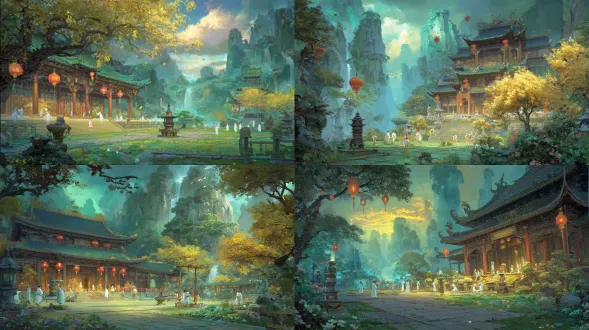epic anime illustration large-scale scene concept art of yongle palace lüzu hall, wide panoramic view, three-point perspective, layered terrain composition (foreground: taoist garden with eight-trigram bluestone pavement, twisted pine trees, stone danlu (alchemy furnace) emitting wispy white smoke, clear jade-like pond with floating lotus leaves and water ripples; midground: lüzu hall as core—elegant yuan dynasty wooden structure with dark red pillars, gray tile curved eaves, yellow glazed tile ridges carved with crane patterns, eaves hanging red silk lanterns, walls adorned with murals of lü dongbin’s life (crossing rivers, teaching disciples, practicing alchemy) in soft anime line art, interior statue of lü dongbin (serene expression, taoist robe with flowing cel-shaded folds, holding a sword); surrounding stone corridors with low railings, scattered taoist scriptures on stone tables, ginkgo trees with golden leaves; background: misty green fairy mountains, floating cloud platforms, distant waterfalls pouring down cliffs, soft purple-pink sunset glow), tiny figures (taoist priests in white robes practicing swordsmanship, young disciples copying scriptures, pilgrims bowing to lü dongbin statue) to highlight grand scale, dramatic warm lighting (sunset rays filtering through pine branches, illuminating hall eaves and mural faces, casting long shadows on eight-trigram pavement, glowing edges on lotus petals), color palette: taoist fairyland tones (cyan-green, pale purple, golden yellow, deep red, jade white) + anime gradient transitions (cloud glow, sword light, lantern glow), precise structural line art for hall dougong brackets, mural outlines, and terrain contours, hand-drawn sketchy brush strokes for pine bark, stone textures, and cloud wisps, sacred, ethereal, and otherworldly atmosphere, blending yuan dynasty taoist architecture, lü dongbin culture, and fairy mountain garden terrain, production-ready concept art, 8k, ultra-detailed, cinematic lighting, fantasy taoist large scene design