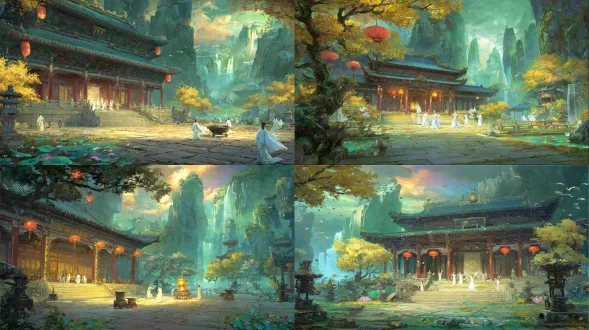 epic anime illustration large-scale scene concept art of yongle palace lüzu hall, wide panoramic view, three-point perspective, layered terrain composition (foreground: taoist garden with eight-trigram bluestone pavement, twisted pine trees, stone danlu (alchemy furnace) emitting wispy white smoke, clear jade-like pond with floating lotus leaves and water ripples; midground: lüzu hall as core—elegant yuan dynasty wooden structure with dark red pillars, gray tile curved eaves, yellow glazed tile ridges carved with crane patterns, eaves hanging red silk lanterns, walls adorned with murals of lü dongbin’s life (crossing rivers, teaching disciples, practicing alchemy) in soft anime line art, interior statue of lü dongbin (serene expression, taoist robe with flowing cel-shaded folds, holding a sword); surrounding stone corridors with low railings, scattered taoist scriptures on stone tables, ginkgo trees with golden leaves; background: misty green fairy mountains, floating cloud platforms, distant waterfalls pouring down cliffs, soft purple-pink sunset glow), tiny figures (taoist priests in white robes practicing swordsmanship, young disciples copying scriptures, pilgrims bowing to lü dongbin statue) to highlight grand scale, dramatic warm lighting (sunset rays filtering through pine branches, illuminating hall eaves and mural faces, casting long shadows on eight-trigram pavement, glowing edges on lotus petals), color palette: taoist fairyland tones (cyan-green, pale purple, golden yellow, deep red, jade white) + anime gradient transitions (cloud glow, sword light, lantern glow), precise structural line art for hall dougong brackets, mural outlines, and terrain contours, hand-drawn sketchy brush strokes for pine bark, stone textures, and cloud wisps, sacred, ethereal, and otherworldly atmosphere, blending yuan dynasty taoist architecture, lü dongbin culture, and fairy mountain garden terrain, production-ready concept art, 8k, ultra-detailed, cinematic lighting, fantasy taoist large scene design