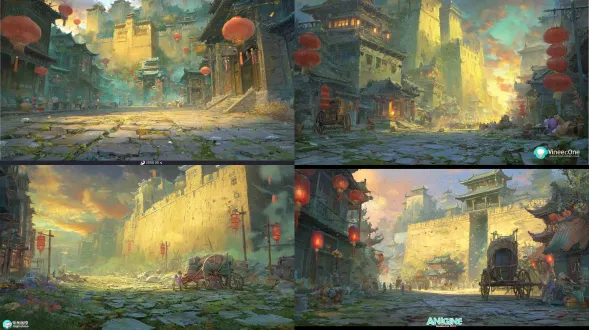 epic anime illustration large-scale scene concept art of pingyao ancient city, wide panoramic view, three-point perspective, layered terrain composition (foreground: weathered bluestone street with deep ruts (from ancient carriages), scattered red lanterns hanging on wooden poles, small vendors with bamboo baskets (selling pingyao beef, paper cuttings), cobblestone gaps with green moss; midground: pingyao ancient city as core—massive rammed earth city wall (12m tall, yellowish-brown loess texture, crenellated battlements, dark gray watchtowers at corners), dense ming-qing courtyard houses (gray tile roofs, earth yellow walls, carved wooden doorframes with red paint peeling, lattice windows), "rishengchang piaohao" wooden signboard (dark brown, hand-painted calligraphy, glowing red edges), narrow alleyways winding between courtyards, red lanterns swaying under eaves; background: rolling loess plateaus (muted yellowish-brown, sparse shrubs), distant misty villages, low-hanging golden sunset (gradient orange + pink, rays casting long shadows over the city), wispy cooking smoke rising from courtyard chimneys), tiny figures (ancient merchants in long robes with money bags, women in cheongsams carrying baskets, elders sitting on doorsteps smoking pipes, children chasing each other) to highlight grand scale, dramatic low-angle golden lighting (illuminating city wall battlements and red lanterns, warm glow reflecting on bluestone street, gradient shadows in alleyways), color palette: warm earth tones (yellowish-brown, dark gray, sand beige) + vibrant red (lanterns, door paint) + anime gradient transitions (sunset glow, lantern light diffusion), precise structural line art for city wall contours, courtyard roof tiles, and wooden door carvings, hand-drawn sketchy brush strokes for loess texture, moss, and smoke wisps, nostalgic, majestic, and lively atmosphere, blending ming-qing ancient city architecture, loess plateau terrain, and historical daily life, production-ready concept art, 8k, ultra-detailed, cinematic lighting, fantasy historical large scene design