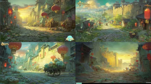 epic anime illustration large-scale scene concept art of pingyao ancient city, wide panoramic view, three-point perspective, layered terrain composition (foreground: weathered bluestone street with deep ruts (from ancient carriages), scattered red lanterns hanging on wooden poles, small vendors with bamboo baskets (selling pingyao beef, paper cuttings), cobblestone gaps with green moss; midground: pingyao ancient city as core—massive rammed earth city wall (12m tall, yellowish-brown loess texture, crenellated battlements, dark gray watchtowers at corners), dense ming-qing courtyard houses (gray tile roofs, earth yellow walls, carved wooden doorframes with red paint peeling, lattice windows), "rishengchang piaohao" wooden signboard (dark brown, hand-painted calligraphy, glowing red edges), narrow alleyways winding between courtyards, red lanterns swaying under eaves; background: rolling loess plateaus (muted yellowish-brown, sparse shrubs), distant misty villages, low-hanging golden sunset (gradient orange + pink, rays casting long shadows over the city), wispy cooking smoke rising from courtyard chimneys), tiny figures (ancient merchants in long robes with money bags, women in cheongsams carrying baskets, elders sitting on doorsteps smoking pipes, children chasing each other) to highlight grand scale, dramatic low-angle golden lighting (illuminating city wall battlements and red lanterns, warm glow reflecting on bluestone street, gradient shadows in alleyways), color palette: warm earth tones (yellowish-brown, dark gray, sand beige) + vibrant red (lanterns, door paint) + anime gradient transitions (sunset glow, lantern light diffusion), precise structural line art for city wall contours, courtyard roof tiles, and wooden door carvings, hand-drawn sketchy brush strokes for loess texture, moss, and smoke wisps, nostalgic, majestic, and lively atmosphere, blending ming-qing ancient city architecture, loess plateau terrain, and historical daily life, production-ready concept art, 8k, ultra-detailed, cinematic lighting, fantasy historical large scene design