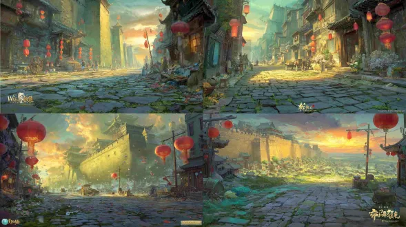epic anime illustration large-scale scene concept art of pingyao ancient city, wide panoramic view, three-point perspective, layered terrain composition (foreground: weathered bluestone street with deep ruts (from ancient carriages), scattered red lanterns hanging on wooden poles, small vendors with bamboo baskets (selling pingyao beef, paper cuttings), cobblestone gaps with green moss; midground: pingyao ancient city as core—massive rammed earth city wall (12m tall, yellowish-brown loess texture, crenellated battlements, dark gray watchtowers at corners), dense ming-qing courtyard houses (gray tile roofs, earth yellow walls, carved wooden doorframes with red paint peeling, lattice windows), "rishengchang piaohao" wooden signboard (dark brown, hand-painted calligraphy, glowing red edges), narrow alleyways winding between courtyards, red lanterns swaying under eaves; background: rolling loess plateaus (muted yellowish-brown, sparse shrubs), distant misty villages, low-hanging golden sunset (gradient orange + pink, rays casting long shadows over the city), wispy cooking smoke rising from courtyard chimneys), tiny figures (ancient merchants in long robes with money bags, women in cheongsams carrying baskets, elders sitting on doorsteps smoking pipes, children chasing each other) to highlight grand scale, dramatic low-angle golden lighting (illuminating city wall battlements and red lanterns, warm glow reflecting on bluestone street, gradient shadows in alleyways), color palette: warm earth tones (yellowish-brown, dark gray, sand beige) + vibrant red (lanterns, door paint) + anime gradient transitions (sunset glow, lantern light diffusion), precise structural line art for city wall contours, courtyard roof tiles, and wooden door carvings, hand-drawn sketchy brush strokes for loess texture, moss, and smoke wisps, nostalgic, majestic, and lively atmosphere, blending ming-qing ancient city architecture, loess plateau terrain, and historical daily life, production-ready concept art, 8k, ultra-detailed, cinematic lighting, fantasy historical large scene design