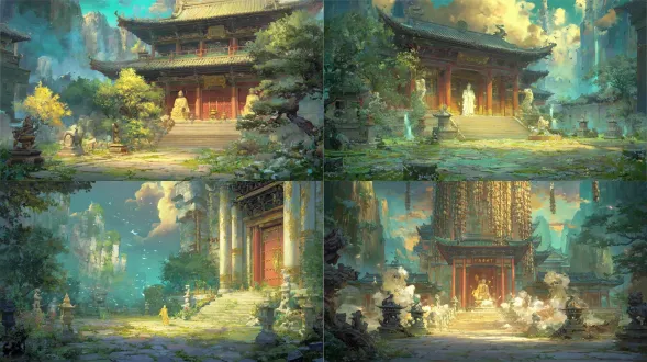 epic anime illustration large-scale scene concept art of xiaoxitian temple, wide panoramic view, three-point perspective, layered terrain composition (foreground: ancient stone courtyard with weathered flagstones, gnarled ancient cypresses (dark green, twisted trunks with moss), stone incense burners emitting wispy white smoke, scattered small buddha statues (1-2m tall, weathered sandstone texture) flanking the main gate; midground: xiaoxitian thousand buddha hall as core—ming dynasty wooden structure with vermilion pillars, gray curved eaves (sharp angles, dark gray tile ridges carved with lotus patterns), red lacquered main door (intricate cloud buddha carvings, peeling paint traces), interior/exterior walls adorned with dense hanging buddha sculptures (thousands of small buddhas in various postures: sitting, standing, meditating, northern wei-influenced faces, soft cel-shaded folds on robes, faded gold/cyan paint), central giant sakyamuni buddha statue (10m tall, serene expression, golden cassock with glowing edges), surrounding wooden railings (dark brown, worn handrails), narrow stone steps winding up to the hall; background: rolling loess plateau hills (muted yellowish-brown, sparse shrubs and grass), distant mist-shrouded valleys, soft golden morning sunlight breaking through clouds (rays piercing cypress branches), wispy mist lingering around the temple base), tiny figures (monks in gray robes chanting, pilgrims kneeling in prayer, artists copying buddha carvings, elderly monks sweeping the courtyard) to highlight grand scale, dramatic low-angle warm lighting (illuminating temple eaves and buddha statues, warm glow reflecting on stone courtyard, gradient shadows in hall corners), color palette: sacred warm tones (vermilion, dark brown, golden yellow, deep gray, dark green cypresses) + anime gradient transitions (golden halo on central buddha, mist glow, sunlight gradients), precise structural line art for temple dougong brackets, buddha statue contours, and terrain edges, hand-drawn sketchy brush strokes for loess texture, cypress bark, and smoke wisps, sacred, majestic, and serene atmosphere, blending ming dynasty buddhist architecture, hanging buddha sculptures, and loess plateau terrain, production-ready concept art, 8k, ultra-detailed, cinematic lighting, fantasy historical large scene design