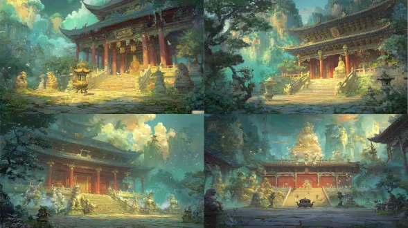 epic anime illustration large-scale scene concept art of xiaoxitian temple, wide panoramic view, three-point perspective, layered terrain composition (foreground: ancient stone courtyard with weathered flagstones, gnarled ancient cypresses (dark green, twisted trunks with moss), stone incense burners emitting wispy white smoke, scattered small buddha statues (1-2m tall, weathered sandstone texture) flanking the main gate; midground: xiaoxitian thousand buddha hall as core—ming dynasty wooden structure with vermilion pillars, gray curved eaves (sharp angles, dark gray tile ridges carved with lotus patterns), red lacquered main door (intricate cloud buddha carvings, peeling paint traces), interior/exterior walls adorned with dense hanging buddha sculptures (thousands of small buddhas in various postures: sitting, standing, meditating, northern wei-influenced faces, soft cel-shaded folds on robes, faded gold/cyan paint), central giant sakyamuni buddha statue (10m tall, serene expression, golden cassock with glowing edges), surrounding wooden railings (dark brown, worn handrails), narrow stone steps winding up to the hall; background: rolling loess plateau hills (muted yellowish-brown, sparse shrubs and grass), distant mist-shrouded valleys, soft golden morning sunlight breaking through clouds (rays piercing cypress branches), wispy mist lingering around the temple base), tiny figures (monks in gray robes chanting, pilgrims kneeling in prayer, artists copying buddha carvings, elderly monks sweeping the courtyard) to highlight grand scale, dramatic low-angle warm lighting (illuminating temple eaves and buddha statues, warm glow reflecting on stone courtyard, gradient shadows in hall corners), color palette: sacred warm tones (vermilion, dark brown, golden yellow, deep gray, dark green cypresses) + anime gradient transitions (golden halo on central buddha, mist glow, sunlight gradients), precise structural line art for temple dougong brackets, buddha statue contours, and terrain edges, hand-drawn sketchy brush strokes for loess texture, cypress bark, and smoke wisps, sacred, majestic, and serene atmosphere, blending ming dynasty buddhist architecture, hanging buddha sculptures, and loess plateau terrain, production-ready concept art, 8k, ultra-detailed, cinematic lighting, fantasy historical large scene design