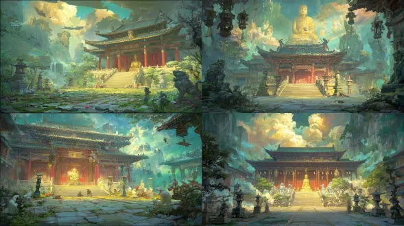 epic anime illustration large-scale scene concept art of xiaoxitian temple, wide panoramic view, three-point perspective, layered terrain composition (foreground: ancient stone courtyard with weathered flagstones, gnarled ancient cypresses (dark green, twisted trunks with moss), stone incense burners emitting wispy white smoke, scattered small buddha statues (1-2m tall, weathered sandstone texture) flanking the main gate; midground: xiaoxitian thousand buddha hall as core—ming dynasty wooden structure with vermilion pillars, gray curved eaves (sharp angles, dark gray tile ridges carved with lotus patterns), red lacquered main door (intricate cloud buddha carvings, peeling paint traces), interior/exterior walls adorned with dense hanging buddha sculptures (thousands of small buddhas in various postures: sitting, standing, meditating, northern wei-influenced faces, soft cel-shaded folds on robes, faded gold/cyan paint), central giant sakyamuni buddha statue (10m tall, serene expression, golden cassock with glowing edges), surrounding wooden railings (dark brown, worn handrails), narrow stone steps winding up to the hall; background: rolling loess plateau hills (muted yellowish-brown, sparse shrubs and grass), distant mist-shrouded valleys, soft golden morning sunlight breaking through clouds (rays piercing cypress branches), wispy mist lingering around the temple base), tiny figures (monks in gray robes chanting, pilgrims kneeling in prayer, artists copying buddha carvings, elderly monks sweeping the courtyard) to highlight grand scale, dramatic low-angle warm lighting (illuminating temple eaves and buddha statues, warm glow reflecting on stone courtyard, gradient shadows in hall corners), color palette: sacred warm tones (vermilion, dark brown, golden yellow, deep gray, dark green cypresses) + anime gradient transitions (golden halo on central buddha, mist glow, sunlight gradients), precise structural line art for temple dougong brackets, buddha statue contours, and terrain edges, hand-drawn sketchy brush strokes for loess texture, cypress bark, and smoke wisps, sacred, majestic, and serene atmosphere, blending ming dynasty buddhist architecture, hanging buddha sculptures, and loess plateau terrain, production-ready concept art, 8k, ultra-detailed, cinematic lighting, fantasy historical large scene design