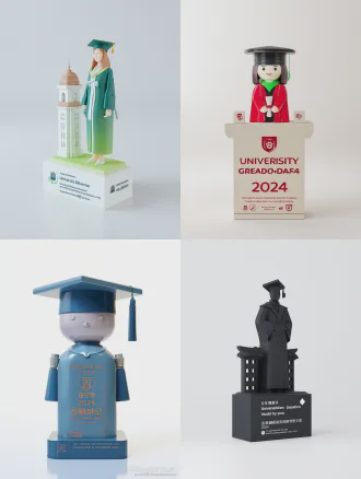 3d render of a university graduation commemorative figurine, made of recycled 3d printing filament from pet plastic bottles, base made of high-density recycled board from express cartons, integrated with university gate landmark, school motto, graduation year 2024, laser engraved xiaolu yoyo environmental protection ip on the side, marked with "this product is made from 5 recycled plastic bottles", minimalist campus style, soft studio lighting, octane render, 8k, ultra detailed, white solid background, product photography, depth of field