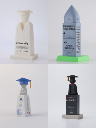 3d render of a university graduation commemorative figurine, made of recycled 3d printing filament from pet plastic bottles, base made of high-density recycled board from express cartons, integrated with university gate landmark, school motto, graduation year 2024, laser engraved xiaolu yoyo environmental protection ip on the side, marked with "this product is made from 5 recycled plastic bottles", minimalist campus style, soft studio lighting, octane render, 8k, ultra detailed, white solid background, product photography, depth of field