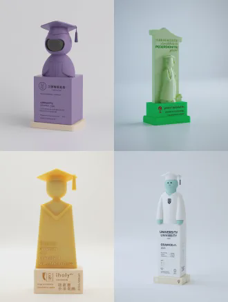 3d render of a university graduation commemorative figurine, made of recycled 3d printing filament from pet plastic bottles, base made of high-density recycled board from express cartons, integrated with university gate landmark, school motto, graduation year 2026, laser engraved xiaolu yoyo environmental protection ip on the side, marked with "this product is made from 5 recycled plastic bottles", minimalist campus style, soft studio lighting, octane render, 8k, ultra detailed, white solid background, product photography, depth of field