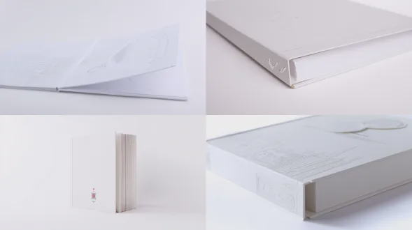 product design drawing of a graduation certificate storage book, made of 100% recycled paper from waste cartons, cover with 3d embossed university library landmark, inner pages for diploma and degree certificate, with signature page for classmates, laser engraved school motto and xiaolu yoyo logo, minimalist flat design, cad line drawing, white background, ultra clear, 8k, product structure visible