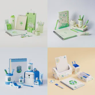 e-commerce main image of a set of campus environmental protection stationery, made of recycled paper and recycled pet plastic from waste bottles and cartons, including notebook, gel pen, pen holder, file holder, printed with xiaolu yoyo cartoon ip and university logo, fresh campus style, soft studio lighting, white solid background, octane render, 8k, ultra detailed, product centered, no extra elements