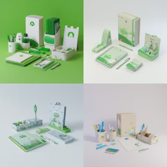 e-commerce main image of a set of campus environmental protection stationery, made of recycled paper and recycled pet plastic from waste bottles and cartons, including notebook, gel pen, pen holder, file holder, printed with xiaolu yoyo cartoon ip and university logo, fresh campus style, soft studio lighting, white solid background, octane render, 8k, ultra detailed, product centered, no extra elements