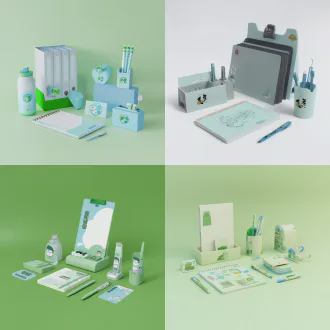 e-commerce main image of a set of campus environmental protection stationery, made of recycled paper and recycled pet plastic from waste bottles and cartons, including notebook, gel pen, pen holder, file holder, printed with xiaolu yoyo cartoon ip and university logo, fresh campus style, soft studio lighting, white solid background, octane render, 8k, ultra detailed, product centered, no extra elements