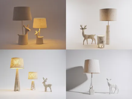 客厅落地灯+卧室台灯组合，灯罩为废纸箱再生纸浆模塑一体成型，灯架为回收pet塑料3d打印制成，镂空光影设计，极简侘寂风，灯座镂空小鹿，灯座雕刻小鹿yoyo环保标识，标注再生材料来源，暖光光源，产品展示，纯白色背景，8k超高清，产品级光影，质感细腻，完全展示产品形象
