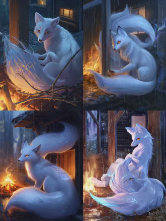 通用核心前缀 + 纯兽型千年九尾白狐，雌性，身形优雅纤长，蓬松的九尾自然舒展，主色调：月光白 + 霁青蓝，皮毛主体为通透的月光白，耳尖、尾尖、爪垫晕染渐变霁青蓝，全身皮毛布满若隐若现的银蓝色云纹 + 上古封印符文暗纹，眼尾微微上挑，琥珀色通透瞳孔藏着看透世事的淡然与智慧，正慵懒地靠在木屋干燥的墙角，蓬松的尾巴圈住身体，前爪漫不经心地拨弄篝火边的枯枝，暖橘色篝火在皮毛上形成柔和的光影，背景是雨夜废弃木屋，画面清冷灵动，充满东方绘本的诗意感