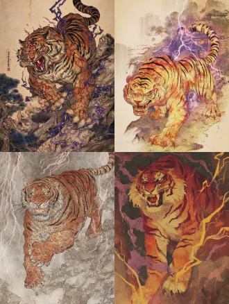 东方奇幻寓言绘本风格，国风工笔线条，复古水彩手绘肌理，完整全身立绘，纯动物原生本体，无化形无人形设计，雄性山林霸主猛虎，体态魁梧壮硕，主色为带红调的赭石赤棕，皮毛覆盖新旧交错的伤痕，面部表情暴躁凶悍，虎目凌厉充满戾气，粗壮虎爪紧紧攥起，周身萦绕紫色雷霆光影，背景是森林木屋篝火场景，窗外暴雨倾盆，暖橙色篝火光影与冷紫色雷霆电光碰撞，强对比光影，雷霆闪电纹、虎啸图腾、山岩龟裂纹自然融入皮毛条纹肌理，画面充满力量感与视觉冲击力，叙事感强，8k 高清，画质细腻，绘本内页插画质感