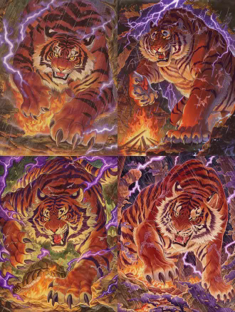 东方奇幻寓言绘本风格，国风工笔线条，复古水彩手绘肌理，完整全身立绘，纯动物原生本体，无化形无人形设计，雄性山林霸主猛虎，体态魁梧壮硕，主色为带红调的赭石赤棕，皮毛覆盖新旧交错的伤痕，面部表情暴躁凶悍，虎目凌厉充满戾气，粗壮虎爪紧紧攥起，周身萦绕紫色雷霆光影，背景是森林木屋篝火场景，窗外暴雨倾盆，暖橙色篝火光影与冷紫色雷霆电光碰撞，强对比光影，雷霆闪电纹、虎啸图腾、山岩龟裂纹自然融入皮毛条纹肌理，画面充满力量感与视觉冲击力，叙事感强，8k 高清，画质细腻，绘本内页插画质感